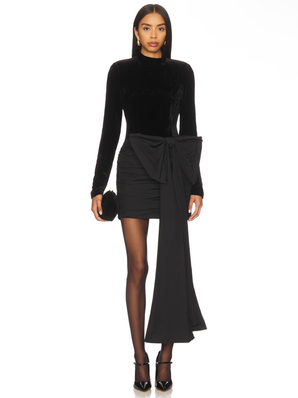 Rotate x Revolve Velvet Oversized Hip Side Bow Mini Dress in Black NEW Size 8